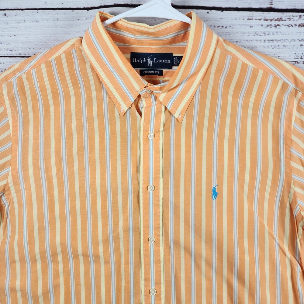 Ralph Lauren Custom Fit Button Up Shirt 17.5 32/33 Custom Fit Striped Orange